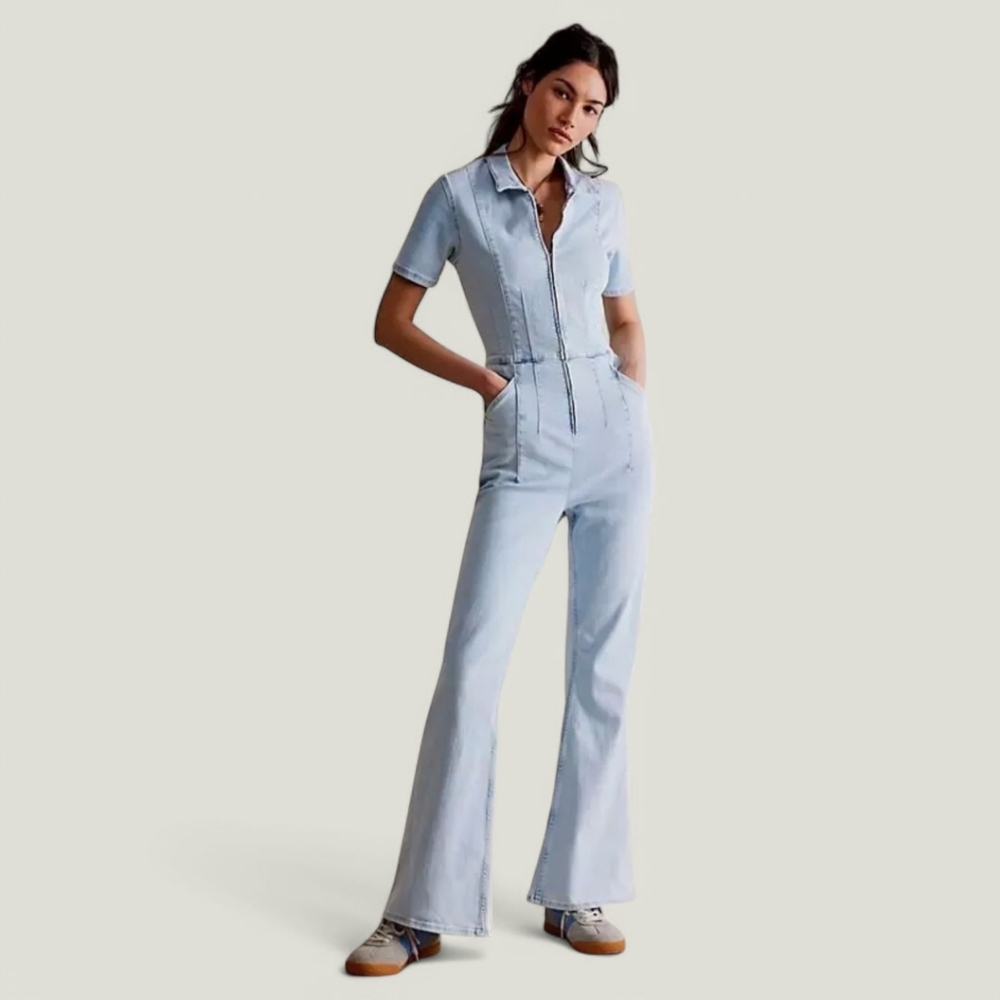 Free People 70's Jayde Flare Stretch Denim Jumpsuit Blue Women's Sz XL - Whimsy